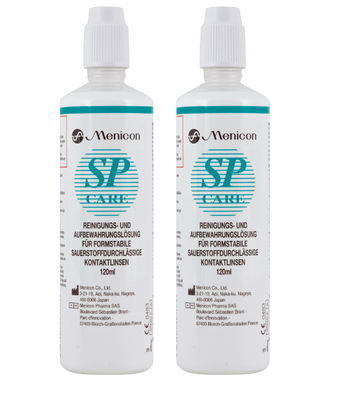 Zu sehen sind zwei Flaschen Menicon SP Pflegemittel